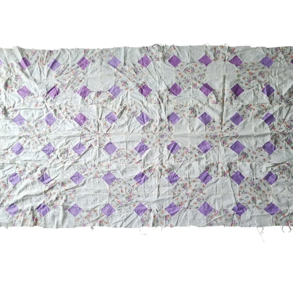 VINTAGE Handmade Patchwork Quilt Top Unfinished Purple Bow Tie Floral 38x92
